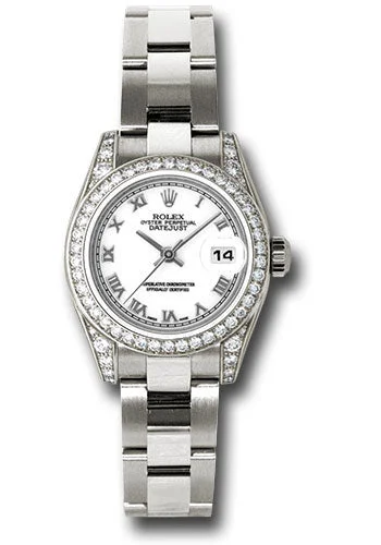 Watches with Luminous Markers for Night VisibilityRolex White Gold Lady-Datejust 26 Watch - 42 Diamond Bezel - White Roman Dial - Oyster Bracelet - 179159 wro