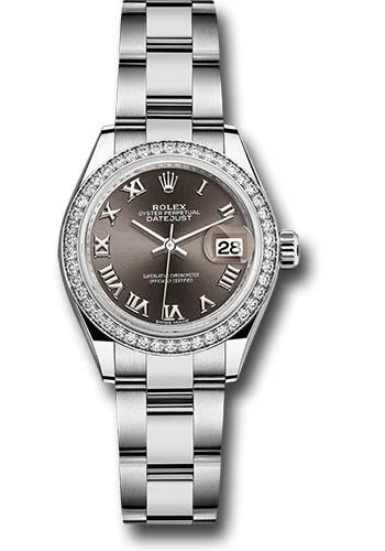 Leather Band Watches with Quick-Release BucklesRolex Steel and White Gold Rolesor Lady-Datejust 28 Watch - 44 Diamond Bezel - Dark Grey Roman Dial - Oyster Bracelet - 279384RBR dgro