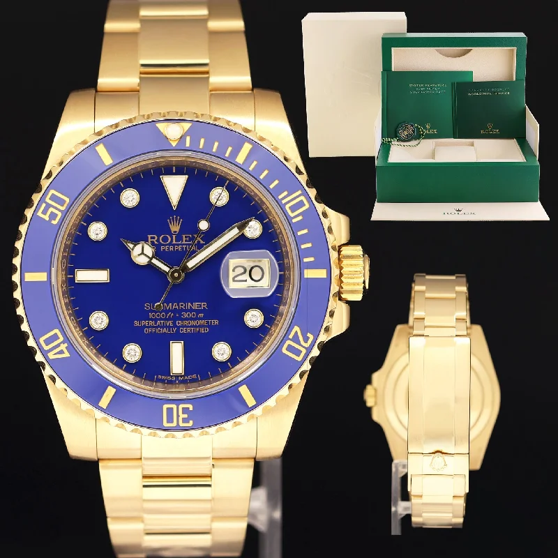 Leather Band Watches with Quick-Release Buckles2018 MINT Rolex Submariner Ceramic Blue Serti Diamond 116618 Yellow Gold 40mm Watch