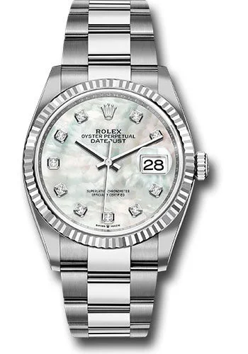 Watches with Dauphine-Style Hands for an Elegant LookRolex Steel Datejust 36 Watch - Fluted Bezel - Mother-of-Pearl Diamond Dial - Oyster Bracelet - 126234 mdo