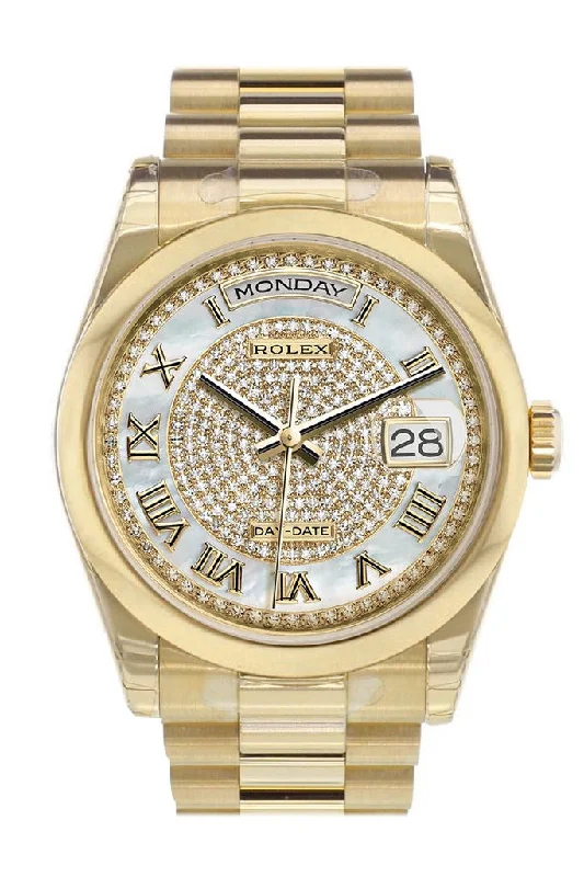 Watches with Temperature SensorRolex Day-Date 36 White mother of pearl Diamonds paved Dial President Yellow Gold Watch 118208