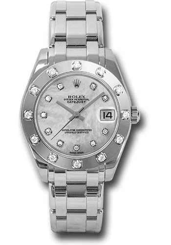 Dressy Watches for Evening EventsRolex White Gold Datejust Pearlmaster 34 Watch - 12 Diamond Bezel - White Mother-Of-Pearl Diamond Dial - 81319 md