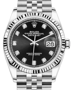 Watches with Glossy Finish Cases for a Shiny AppealRolex Datejust 36MM White Gold/Steel Black Diamond Dial & Fluted Bezel Jubilee Bracelet 126234 - NEW