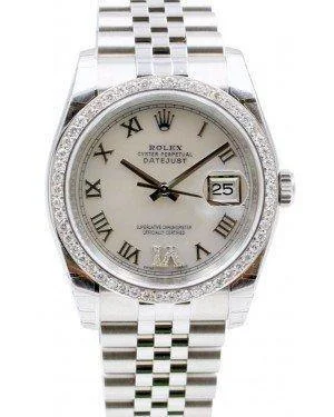 Ceramic Cased Watches with Mother-of-Pearl DialsRolex Datejust 116200 36mm White Roman Pave 6 Diamond Bezel Stainless Steel Jubilee