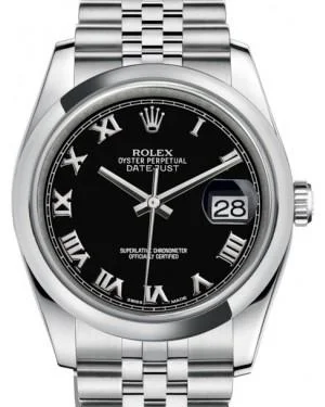 Men’s Watches with Date Display WindowRolex Datejust 36 Stainless Steel Black Roman Dial & Smooth Domed Bezel Jubilee Bracelet 116200