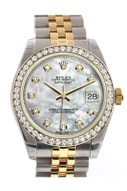 Watches with Skeletonized Hands for a Modern TwistRolex Datejust 31 White mother-of-pearl Diamond Dial Diamond Bezel Jubilee Yellow Gold Two Tone Watch 178383