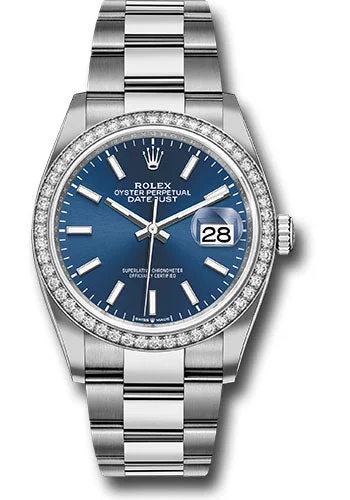 Waterproof Diving Watches with Rotating BezelRolex Steel Datejust 36 Watch - Diamond Bezel - Blue Index Dial - Oyster Bracelet - 126284RBR blio