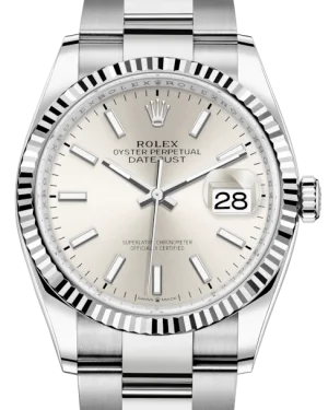 Adjustable Strap Watches for Perfect FitRolex Datejust 36mm White Gold/Steel Silver Index Dial & Fluted Bezel Oyster Bracelet 126234 - NEW