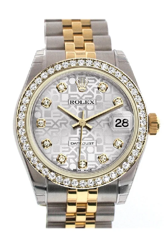 Wristwatches with Second Time Zone FeatureRolex Datejust 31 Silver Jubilee design with Diamond Dial Diamond Bezel Jubilee Yellow Gold Two Tone Watch 178383