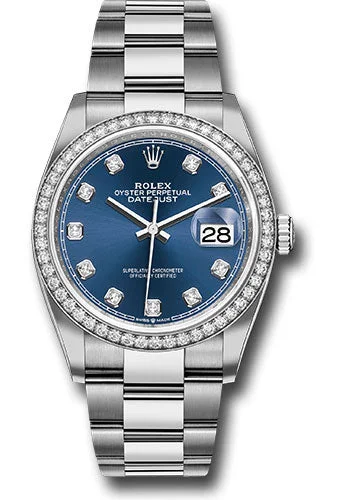 Watches with Two-Tone Cases for a Stylish AppearanceRolex Steel Datejust 36 Watch - Diamond Bezel - Blue Diamond Dial - Oyster Bracelet - 126284RBR bldo