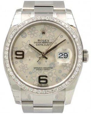 Digital Watches with Timer FunctionRolex Datejust 36 116200-SLVFDO Silver Floral Motif Arabic Diamond Bezel Stainless Steel Oyster