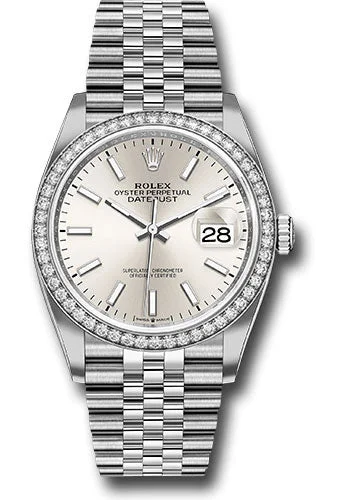 Watches with Engraved Dials for PersonalizationRolex Steel Datejust 36 Watch - Diamond Bezel - Silver Index Dial - Jubilee Bracelet - 126284RBR sij