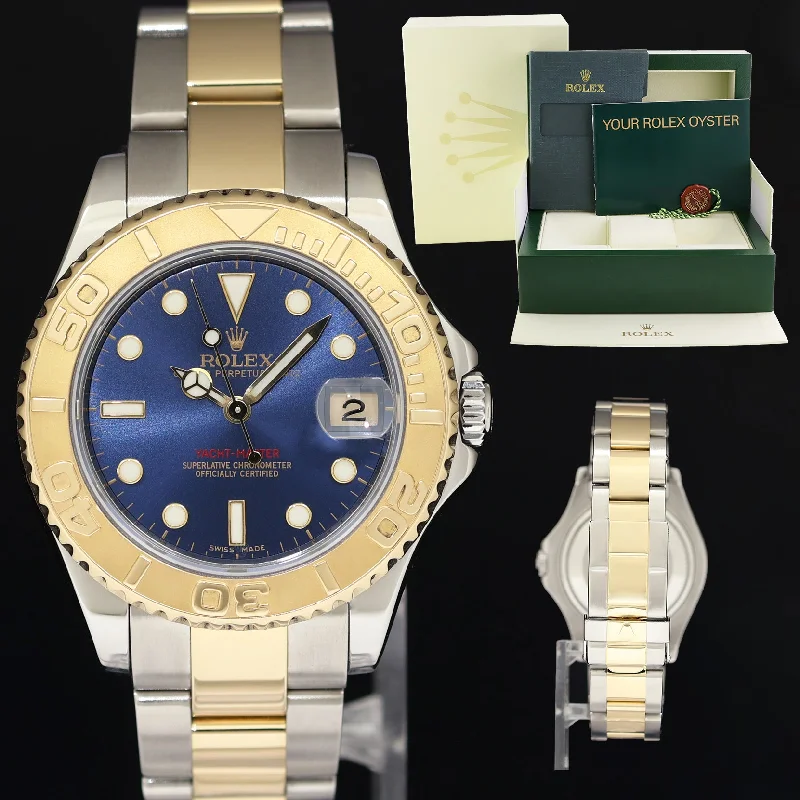 Designer Brand Watches with Unique Dial Patterns2007 MINT Ladies Rolex Yacht-Master 168623 35mm Gold Two Tone Blue Watch Box