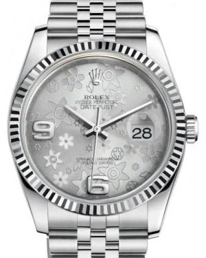 Watches with Sword-Style Hands for a Distinctive LookRolex Datejust 36 White Gold/Steel Silver Floral Motif Arabic Dial & Fluted Bezel Jubilee Bracelet 116234