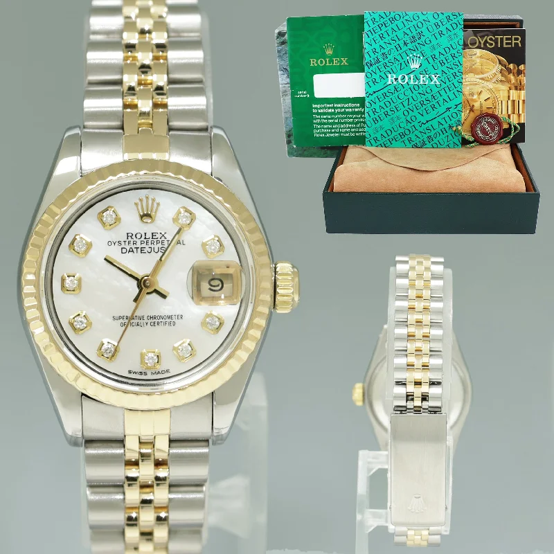 Watches with Glossy Finish Cases for a Shiny AppealDiamond Pearl Ladies Rolex DateJust 26mm 69173 Two Tone Gold Steel Jubilee Watch