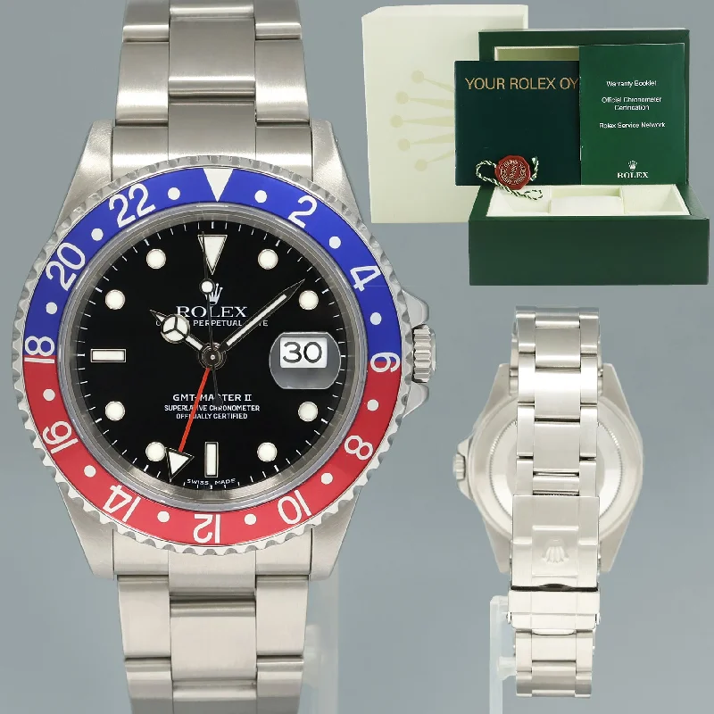 Watches with Gold Plated Cases for a Luxurious LookMINT 1999 Rolex GMT-Master II 2 Pepsi Blue Red Steel 16710 Watch Black Watch Box