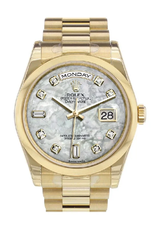 Luxury Quartz Watches with High-End MovementsRolex Day-Date 36 White mother of pearl set with Diamonds Dial President Yellow Gold Watch 118208