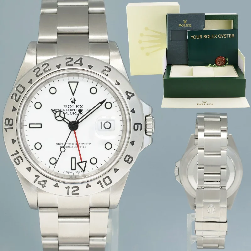 Alloy Cased Watches for Affordable Quality2006 MINT Rolex Explorer II White 16570 40mm No Holes Polar GMT Watch Box