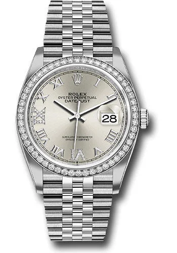 Watches with Stainless Steel PVD Coating for Scratch ResistanceRolex Steel Datejust 36 Watch - Diamond Bezel - Silver Diamond Roman VI and IX Dial - Jubilee Bracelet - 126284RBR sdr69j