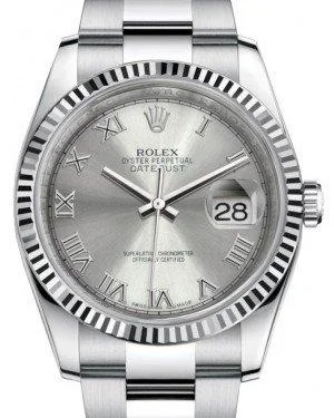 Watches with Skeletonized Hands for a Modern TwistRolex Datejust 36 White Gold/Steel Rhodium Roman Dial & Fluted Bezel Oyster Bracelet 116234