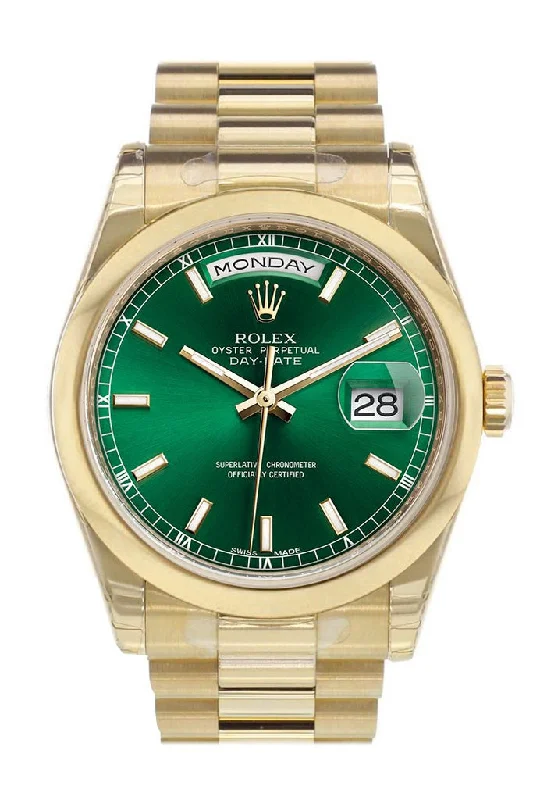 Wristwatches with Second Time Zone FeatureRolex Day-Date 36 Green Dial President Yellow Gold Watch 118208