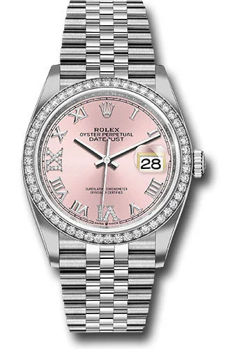 Watches with Backlight for Low-Light ConditionsRolex Steel Datejust 36 Watch - Diamond Bezel - Pink Diamond Roman VI and IX Dial - Jubilee Bracelet - 126284RBR pdr69j