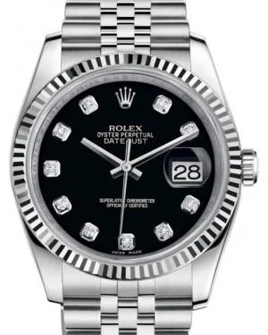 Military Style Watches with Luminescent HandsRolex Datejust 36 White Gold/Steel Black Diamond Dial & Fluted Bezel Jubilee Bracelet 116234