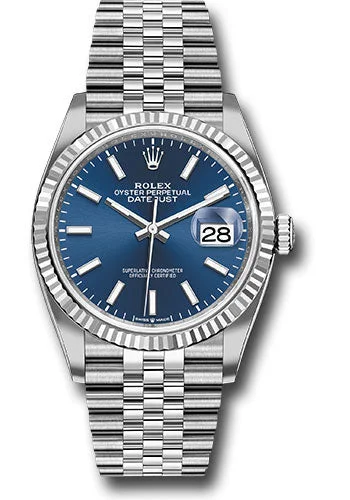 Watches with Luminous Markers for Night VisibilityRolex Steel Datejust 36 Watch - Fluted Bezel - Blue Index Dial - Jubilee Bracelet - 126234 blij