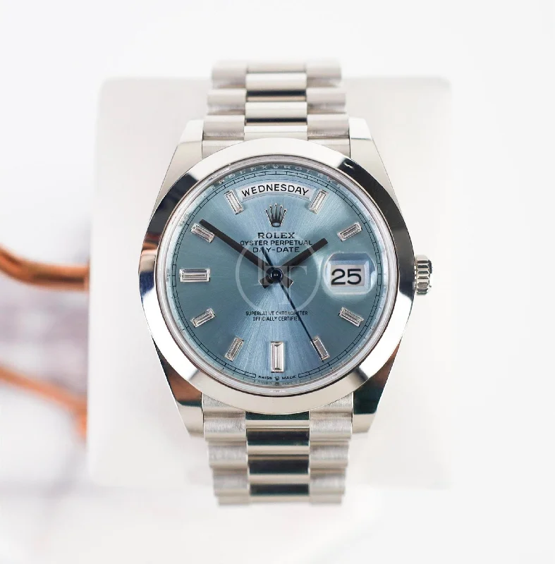 Stainless Steel Dress Watches for BusinessmenRolex 950 Platinum Day-Date 40 Watch - Smooth Bezel - Ice Blue Baguette Diamond Dial - President Bracelet - 228206 ibbdp