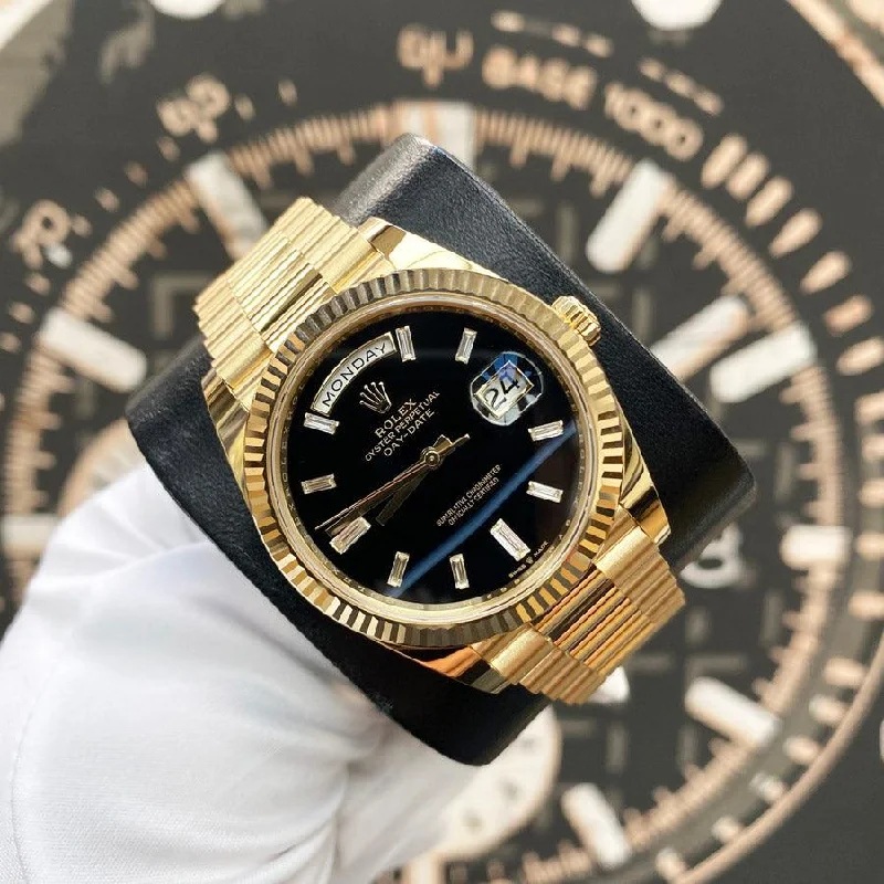 Watches with Two-Tone Cases for a Stylish AppearanceRolex Day-Date 40mm ONYX Presidential 228238 Fluted Bezel Baguette Diamond Black Dial