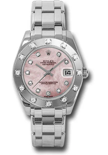 Watches with Power Reserve Indicator (for mechanical)Rolex White Gold Datejust Pearlmaster 34 Watch - 12 Diamond Bezel - Pink Mother-Of-Pearl Diamond Dial - 81319 pmd