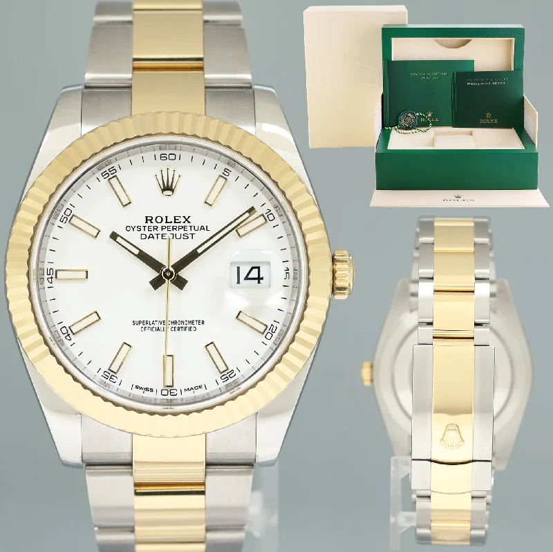 Men’s Watches with Date Display WindowMINT 2020 Rolex DateJust 41 126333 Two Tone Yellow Gold White Stick Watch Box