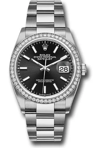 Stainless Steel Mesh Strap Watches for a Sleek LookRolex Steel Datejust 36 Watch - Diamond Bezel - Black Index Dial - Oyster Bracelet - 126284RBR bkio