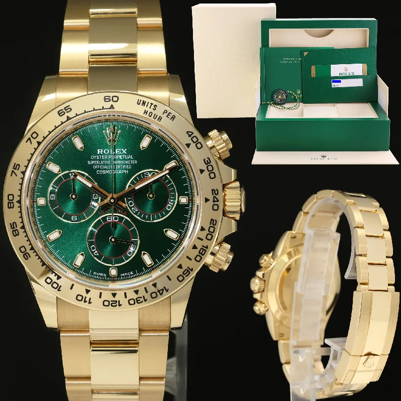 Solar-Powered Watches for Eco-Conscious UsersSANTA'S XMAS TREE GREEN DAYTONA Rolex 116508 Yellow Gold 40mm Chrono Watch