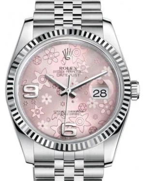 Watches with Rose Gold Plated Cases for a Feminine TouchRolex Datejust 36 White Gold/Steel Pink Floral Motif Arabic Dial & Fluted Bezel Jubilee Bracelet 116234