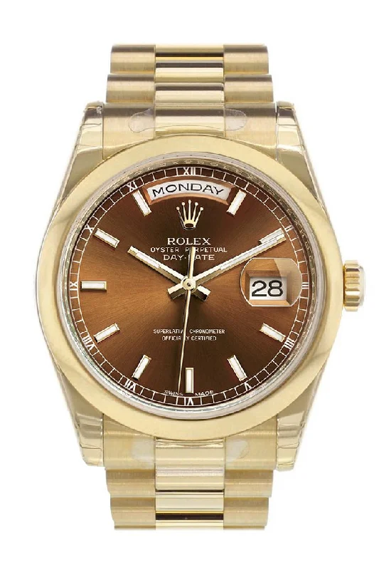 Watches with Backlight for Low-Light ConditionsRolex Day-Date 36 Cognac Dial President Yellow Gold Watch 118208