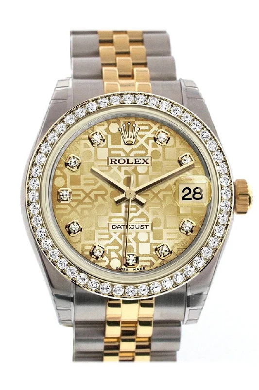 Designer Brand Watches with Unique Dial PatternsRolex Datejust 31 Champagne Jubilee design Diamond Dial Diamond Bezel Jubilee Yellow Gold Two Tone Watch 178383