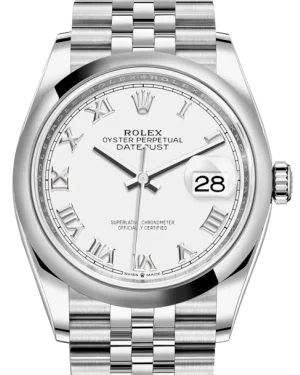 Watches with Glossy Finish Cases for a Shiny AppealRolex Datejust 36MM Stainless Steel White Roman Dial & Smooth Domed Bezel Jubilee Bracelet 126200 - NEW