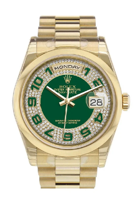 Waterproof Diving Watches with Rotating BezelRolex Day-Date 36 Green Diamonds paved Dial President Yellow Gold Watch 118208