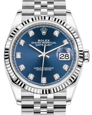 Watches with Baton-Style Hands for a Classic LookRolex Datejust 36mm White Gold/Steel Blue Diamond Dial & Fluted Bezel Jubilee Bracelet 126234 - NEW