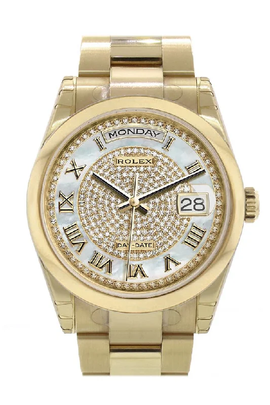 Women’s Dress Watches with Elegant StrapsRolex Day-Date 36 White mother of pearl Diamonds paved Dial Yellow Gold Watch 118208