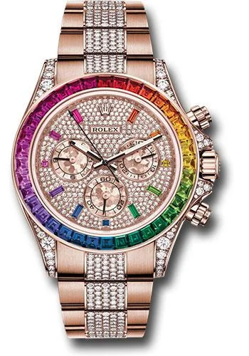 Dressy Watches for Evening EventsRolex Everose Cosmograph Daytona 40 Watch - 36 Baguette-Cut Sapphires In Rainbow Graduation Bezel - Diamond Paved Rainbow Sapphire Dial - Diamond Bracelet - 116595RBOW dpgcs