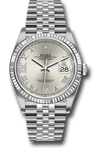 Outdoor Adventure Watches with CompassRolex Steel Datejust 36 Watch - Fluted Bezel - Silver Diamond Roman VI and IX Dial - Jubilee Bracelet - 126234 sdr69j