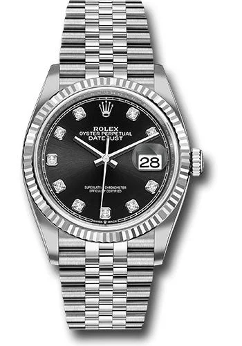 Designer Brand Watches with Unique Dial PatternsRolex Steel Datejust 36 Watch - Fluted Bezel - Black Diamond Dial - Jubilee Bracelet - 126234 bkdj