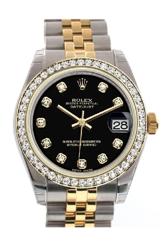 Women’s Watches with Swarovski CrystalsRolex Datejust 31 Black Diamond Dial Diamond Bezel Jubilee Yellow Gold Two Tone Watch 178383