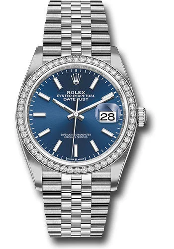 Watches with Dauphine-Style Hands for an Elegant LookRolex Steel Datejust 36 Watch - Diamond Bezel - Blue Index Dial - Jubilee Bracelet - 126284RBR blij