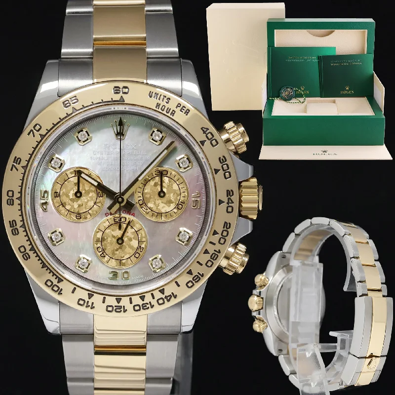 Watches with Power Reserve Indicator (for mechanical)2020 MINT Rolex Daytona 116503 Dark Mop Crystal 8 Diamond Two Tone Gold Watch Box