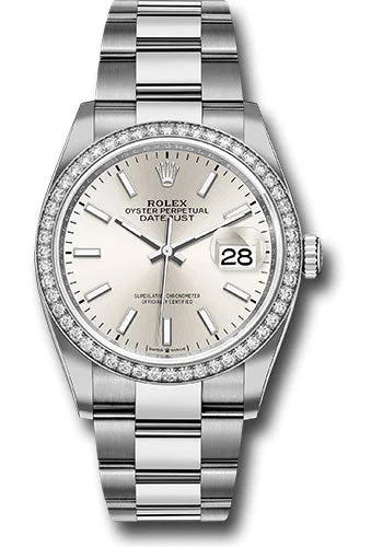 Watches with Dauphine-Style Hands for an Elegant LookRolex Steel Datejust 36 Watch - Diamond Bezel - Silver Index Dial - Oyster Bracelet - 126284RBR sio