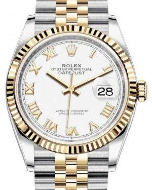 Mechanical Watches with Hand-Winding MechanismRolex Datejust 36mm White Roman Dial Fluted Bezel Jubilee Two Tone 126233