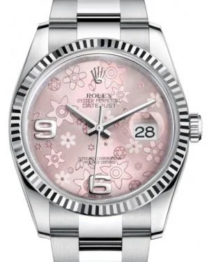 Watches with Temperature SensorRolex Datejust 36 White Gold/Steel Pink Floral Motif Arabic Dial & Fluted Bezel Oyster Bracelet 116234